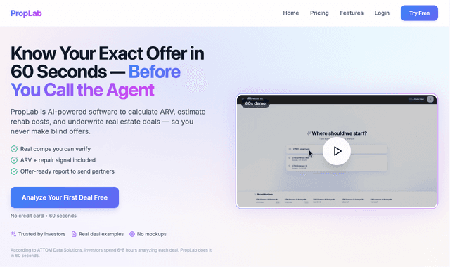 PropLab: AI-powered real estate deal analysis for investors who move fast.