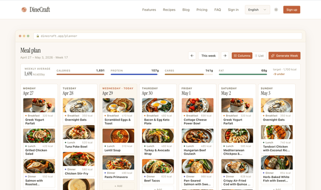 Dinecraft :AI meal planner that builds your weekly meal prep around your macros.