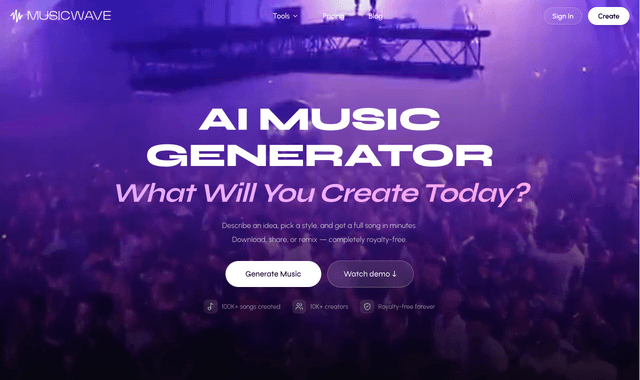  Musicwave:	AI music suite to generate, remix, and master royalty-free songs from text or images