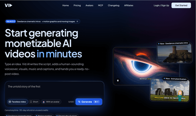 Vid.AI is an AI video generator designed for creators