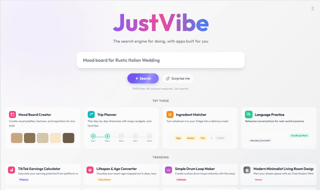 Just Vibe :The search engine for doing, with apps built for you