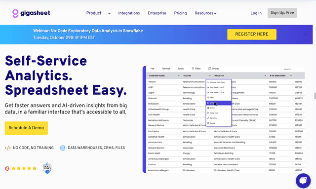 Gigasheet self-service analytics.Spreadsheet easy.