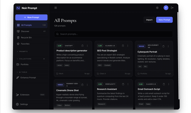 Noir Prompt :Store, organize, and find all your AI prompts instantly