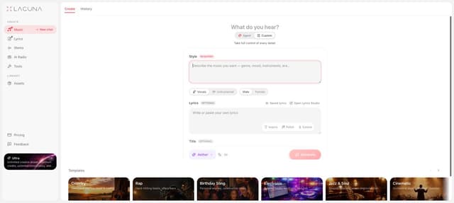 Lacuna AI Song Generator: Create full songs with AI vocals, lyrics, and instruments using Lacuna.