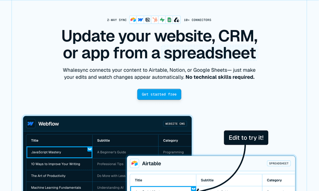 Whalesync update your website from a spreadsheet 