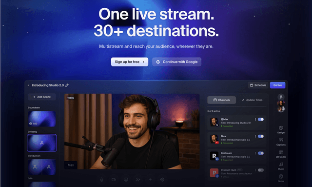  Restream One live stream. 30+ destinations.