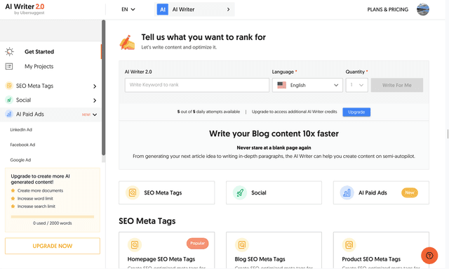 Ubersuggest is an SEO and content marketing platform