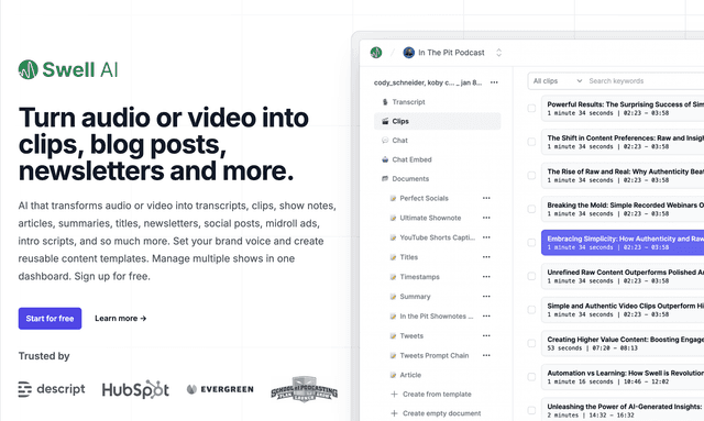 Swell AI :Turn audio or video into clips, blog posts, newsletters and more.