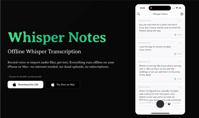 Whisper Notes: Record voice or import audio files, get text.