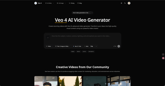 Veo 4 :Turn simple text and images into cinematic, high-quality AI videos in minutes.