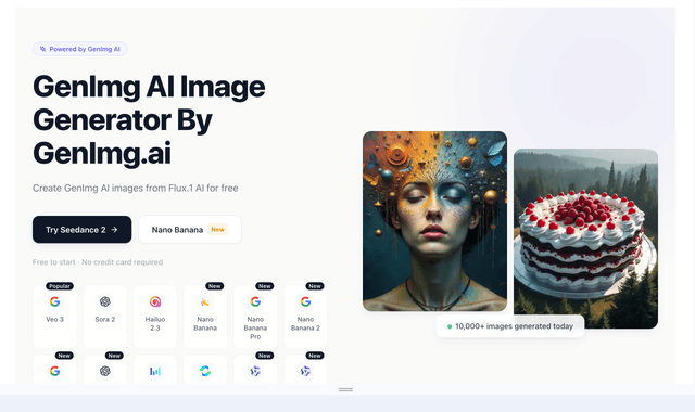 GenImg AI: Create high-quality AI images and videos from text prompts with fast generation tools.