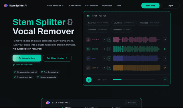 StemSplitterAI :Turn your audio into a custom backing track in minutes.