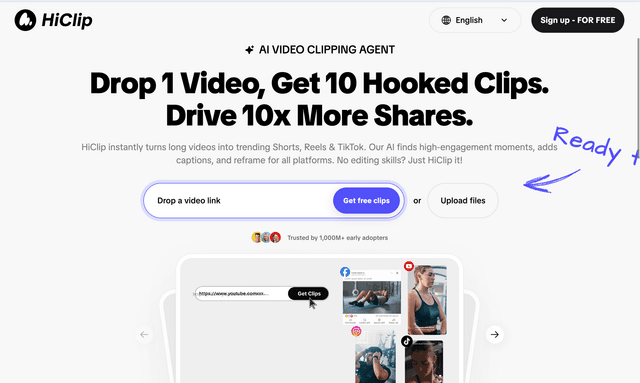 HiClip instantly turns long videos into trending Shorts, Reels & TikTok.