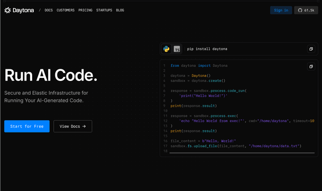 Daytona is a Secure and Elastic Infrastructure for Running AI-Generated Code.