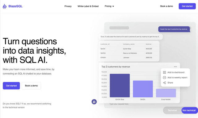 Blaze SQL : Turn questions into data insights, with SQL AI.