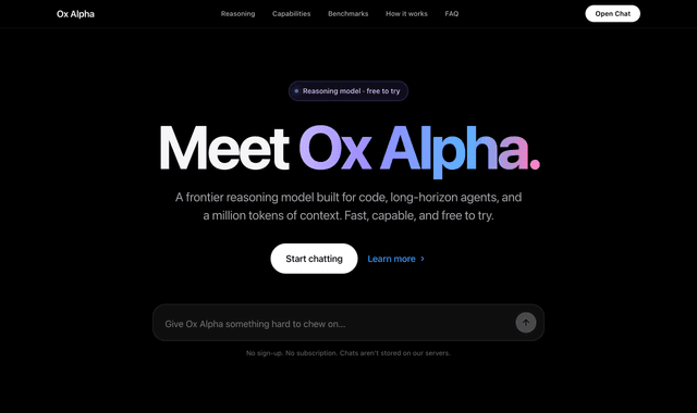 Ox Alpha is a reasoning model designed for coding, sustained agentic work, and production workloads