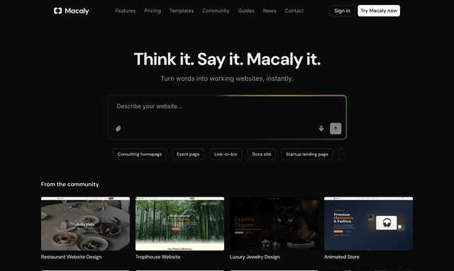 Macaly: Turn words into working websites, instantly.