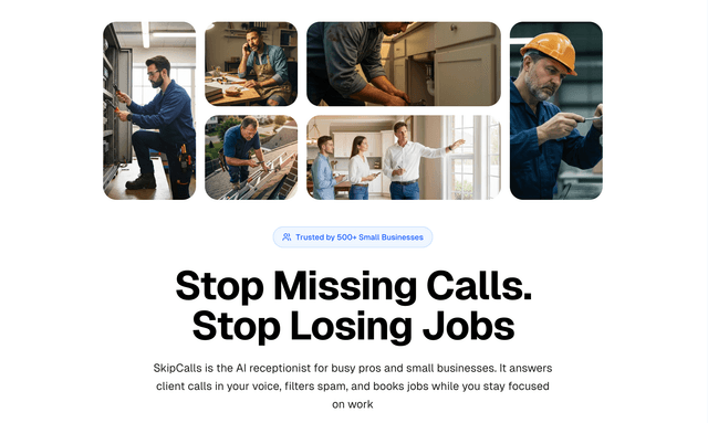 SkipCalls is the AI receptionist for busy pros and small businesses.
