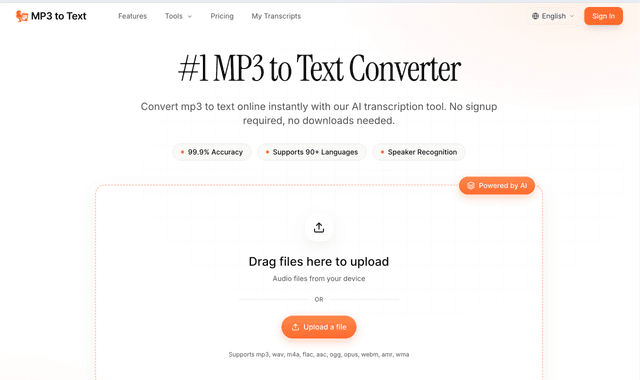 MP3 to Text :Convert MP3 to text online instantly with AI.