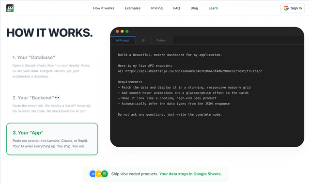 Ship vibe-coded apps. Your data stays in Google Sheets.