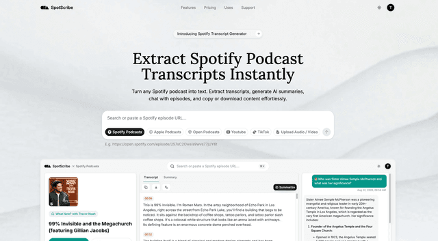 SpotScribe: AI podcast transcription, summaries, and chat for Spotify, YouTube, and more.