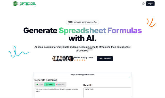 Gptexcel Generate spreadsheet formulas with AI 