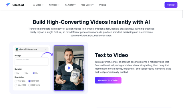 Falcocut: AI E-Commerce Video Generator.