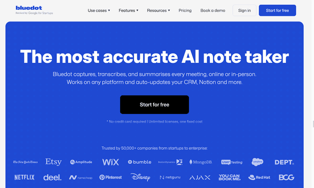 Bluedot captures, transcribes, and summarises every meeting, online or in-person.