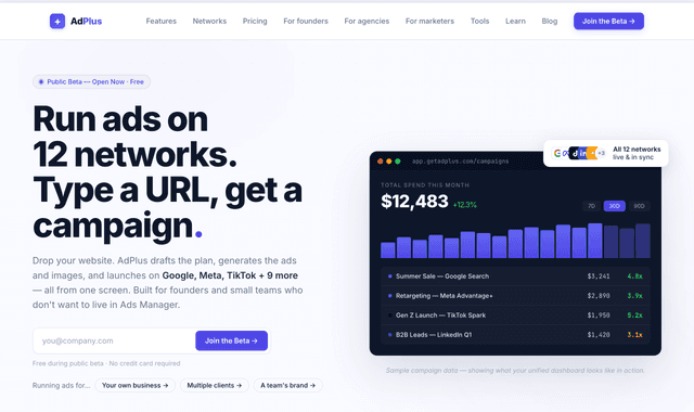 Ad Plus :Run ads on 12 networks. Type a URL, get a campaign.