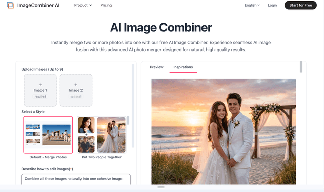 ImageCombiner AI: Instantly merge two or more photos into one with our free AI Image Combiner. 