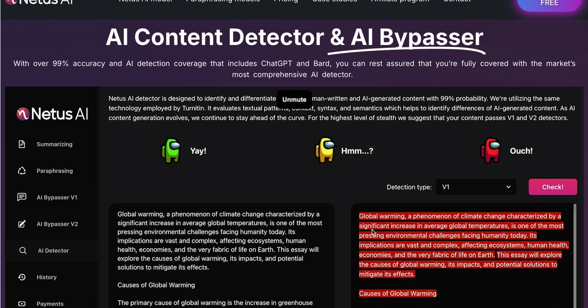 Netus AI - AI content detector, bypasser and paraphraser | Somi AI