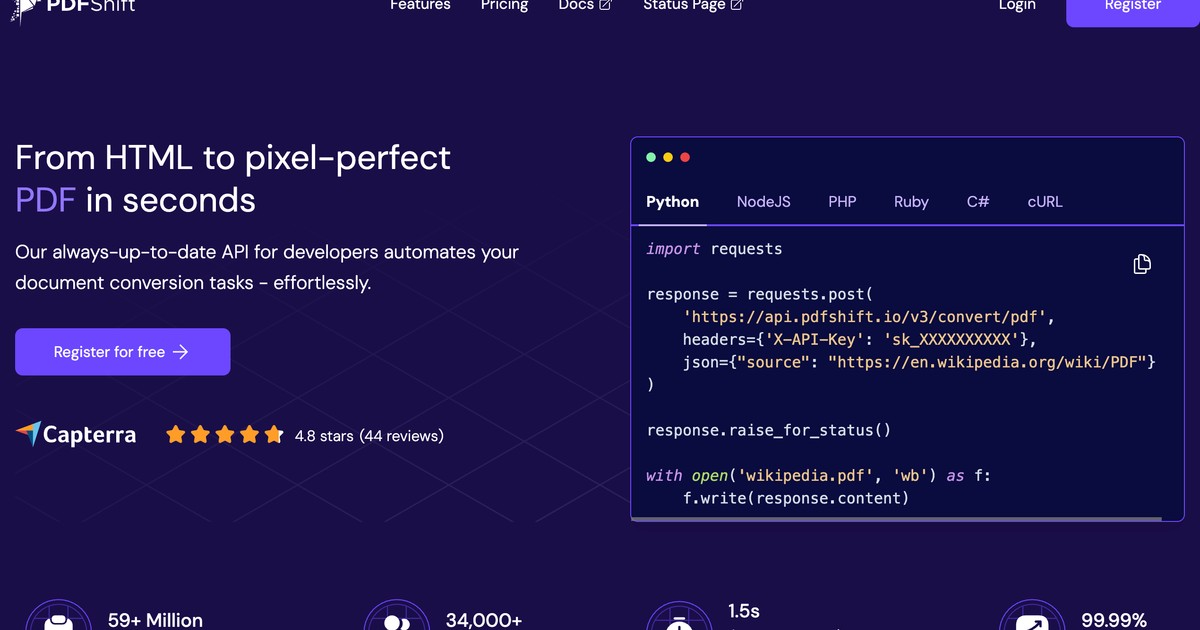 PDFShift - HTML to PDF conversion API for developers. | Somi AI